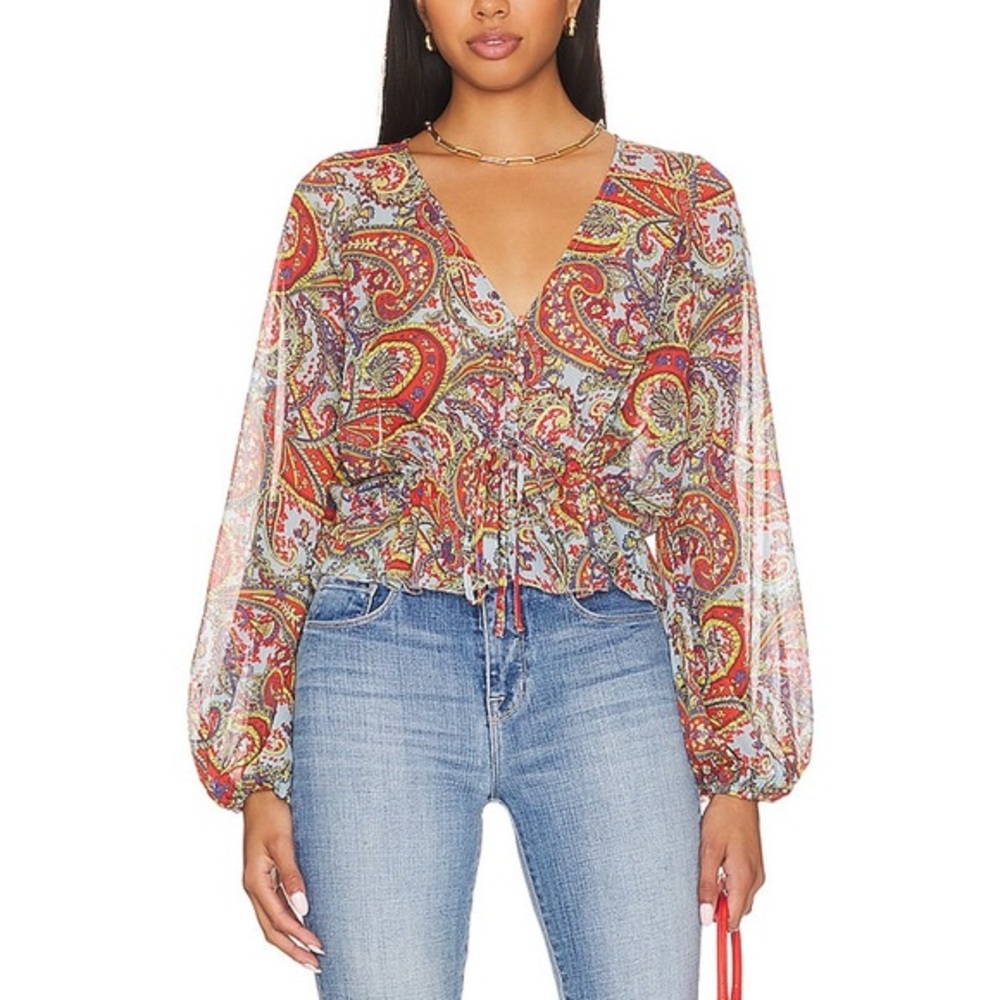 L'AGENCE Multicolor Paisley V-Neck Blouse